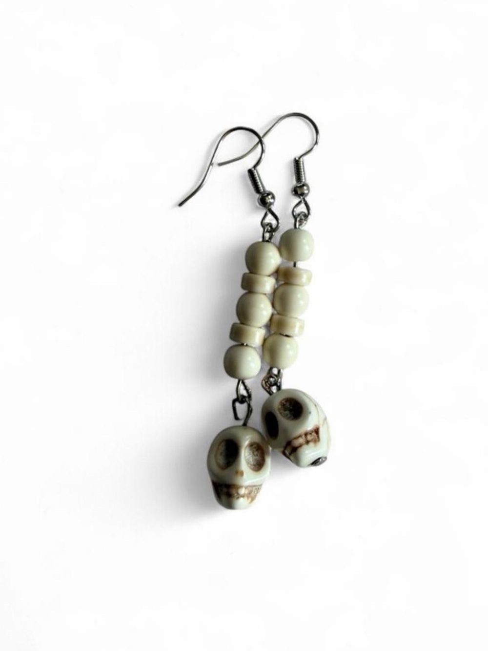 Handmade White Stone Skull Dangle Earrings Stacked Bead Desert Goth